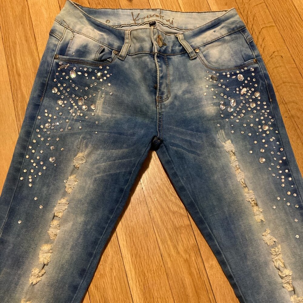 Rhinestone sparkle Low-Rise Distressed Denim Pants (Size 2) - Brand NEW